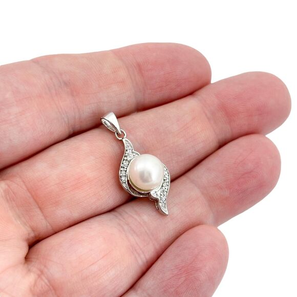 Vintage Sterling Silver 925 Cubic Zirconia Artificial Pearl Pendant - Picture 1 of 7